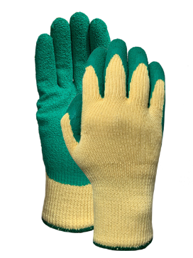5Thread yellow polycotton liner with green latex crinkled finish palm coating