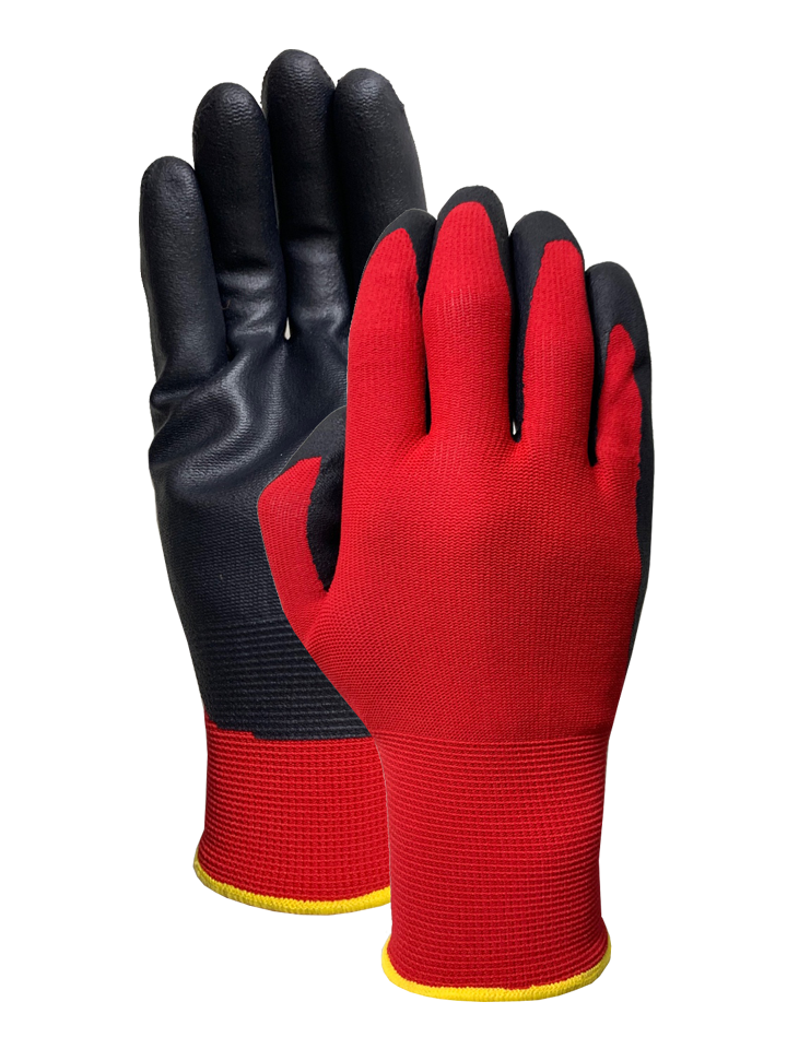 Red nylon liner with black nitrile foam palm coating