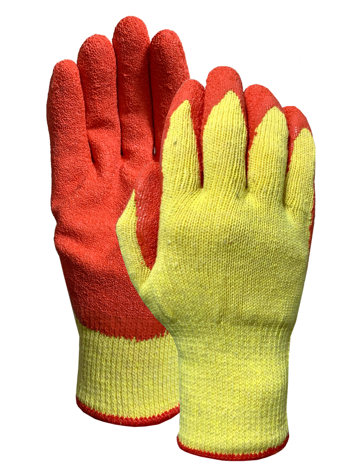 5 Thread yellow polycotton liner with red latex crinkled finish palm coating