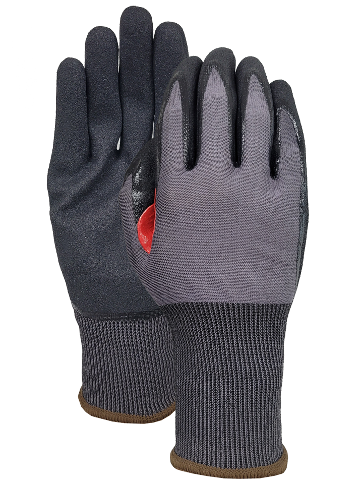 Cut F 18G  HPPE/nylon/spandex liner with NBR sandy finish palm+ red reinforcement patch