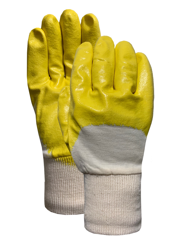 Interlock knit wrist with yellow nitril half dip coating