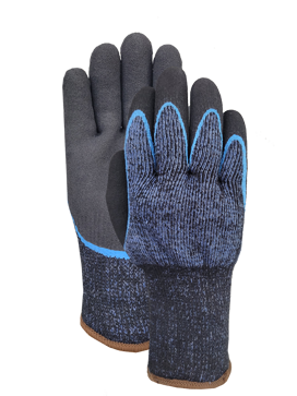 Cut D 10G acrylic/polyester liner with blue latex and black latex sandy finish thumb coating glove