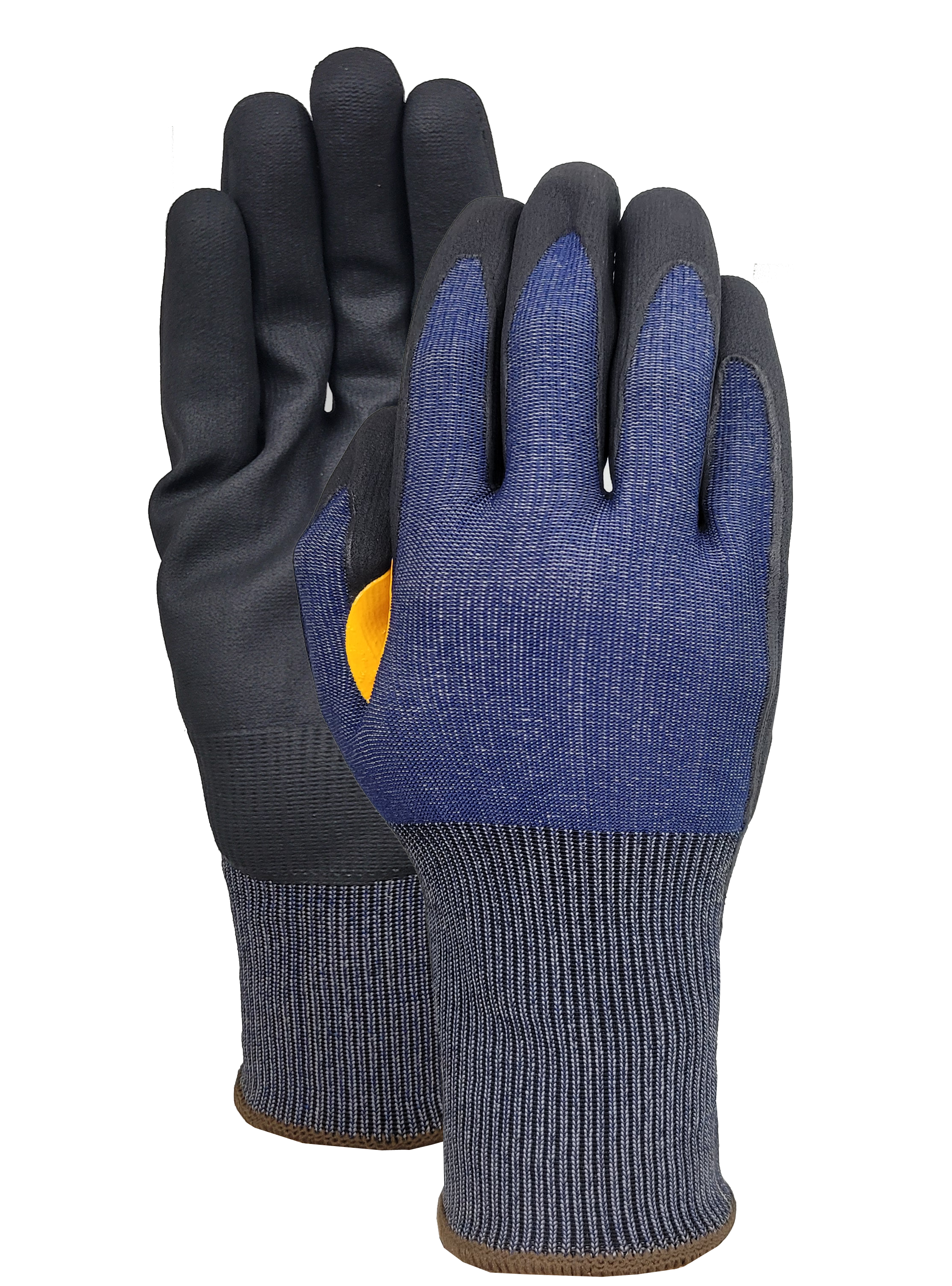 Cut C 18G nylon/spandex liner with NBR micro finish palm + yellow reinforcement patch