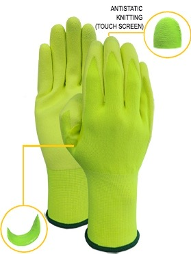 15G hiviz yellow  liner with NBR sandy finish palm coating glove(NBR patch, touch screen)