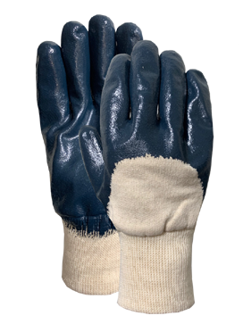 Jesey knit wirst with blue nitrile half dip coating