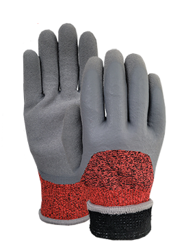 CUT D black speckled liner with latex foam 3/4 coated and latex sandy thumb coated glove