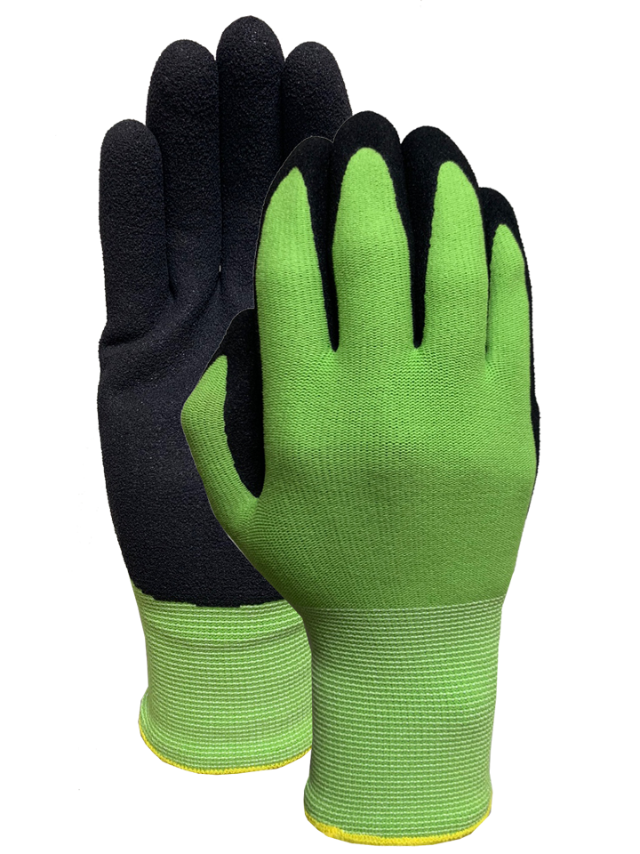 Green nylon spandex liner with black nitirle sandy finish glove