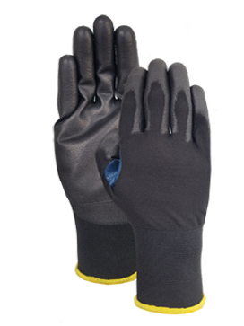 18G nylon/spandex with black PU palm coating with blue nitrile reinforcement (Touch screen)