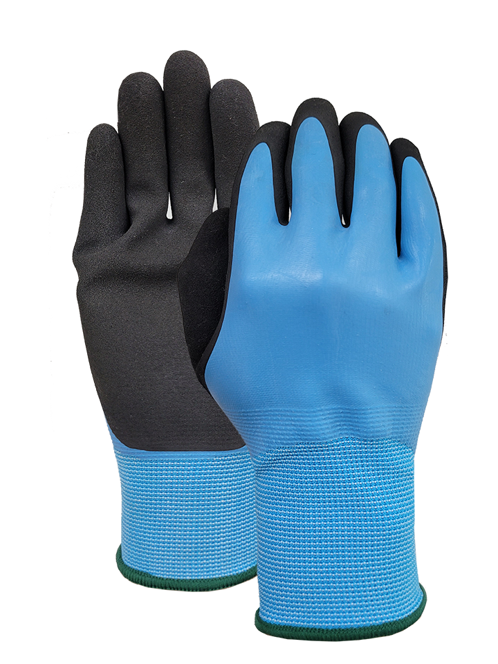 Sky blue polyester liner with latex full coated and latex sandy palm glove