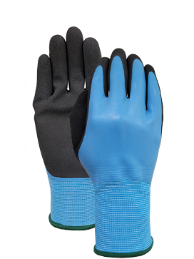 Sky blue polyester liner with latex full coated and latex sandy palm glove
