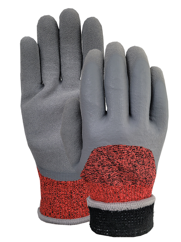 CUT D black speckled liner with latex foam 3/4 coated and latex sandy thumb coated glove