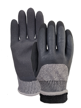 CUT E black speckled liner with latex foam 3/4 coated and latex sandy thumb coated glove