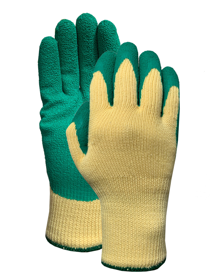 5Thread yellow polycotton liner with green latex crinkled finish palm coating