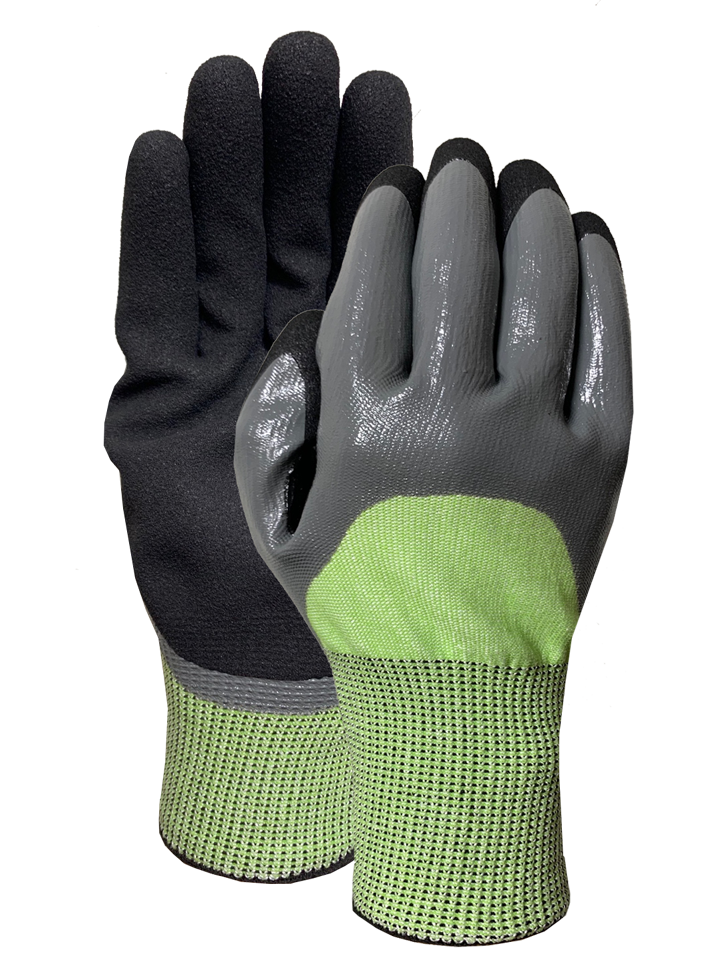 CUT3 yellow green speckled liner with black nitrile sandy finish (reinforcement patch) glove