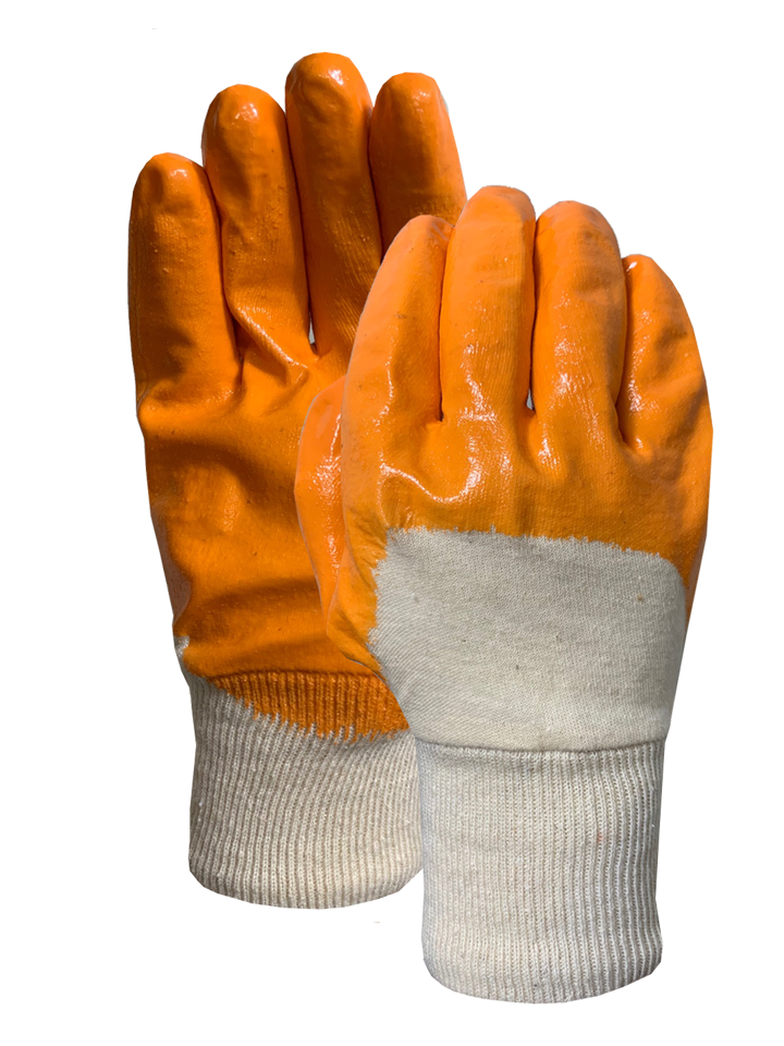Interlock knit wrist with orange nitrile half dip coating