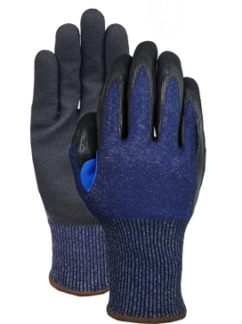 Cut D 15G HPPE/nylon/spandex liner with NBR sandy double dip palm + blue reinforcement patch