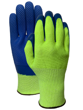 CUT 5 hiviz green with blue latex Glove