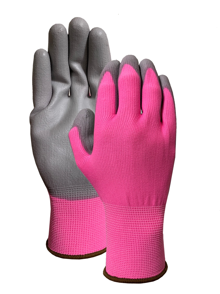 Pink nylon liner with gray PU palm coating