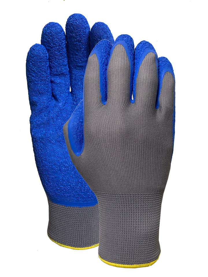 Gray nylon liner with blue latex crinkled finish palm coating