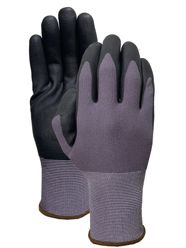 Gray nylon spandex liner with black nitrile foam(reinforcement patch) glove