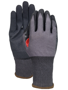 Cut F 18G  HPPE/nylon/spandex liner with NBR sandy finish palm+ red reinforcement patch