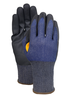 Cut C 18G nylon/spandex liner with NBR micro finish palm + yellow reinforcement patch